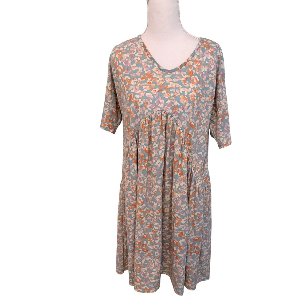 BOMBOM Babydoll T-Shirt Dress Womens S Blue Peach Abstract Leopard Print NWT